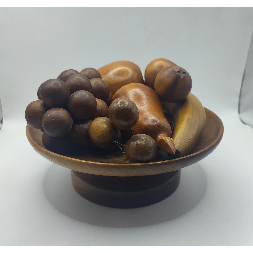 Vintage Wooden Mixed With Pedestal Bowl Stand  MCM Brown Banana Apple Pear